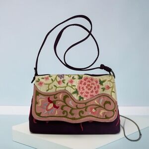 Vtg Vietnam Purple Floral Silk Embroidered Crossbody Shoulder Bag Boho Festival